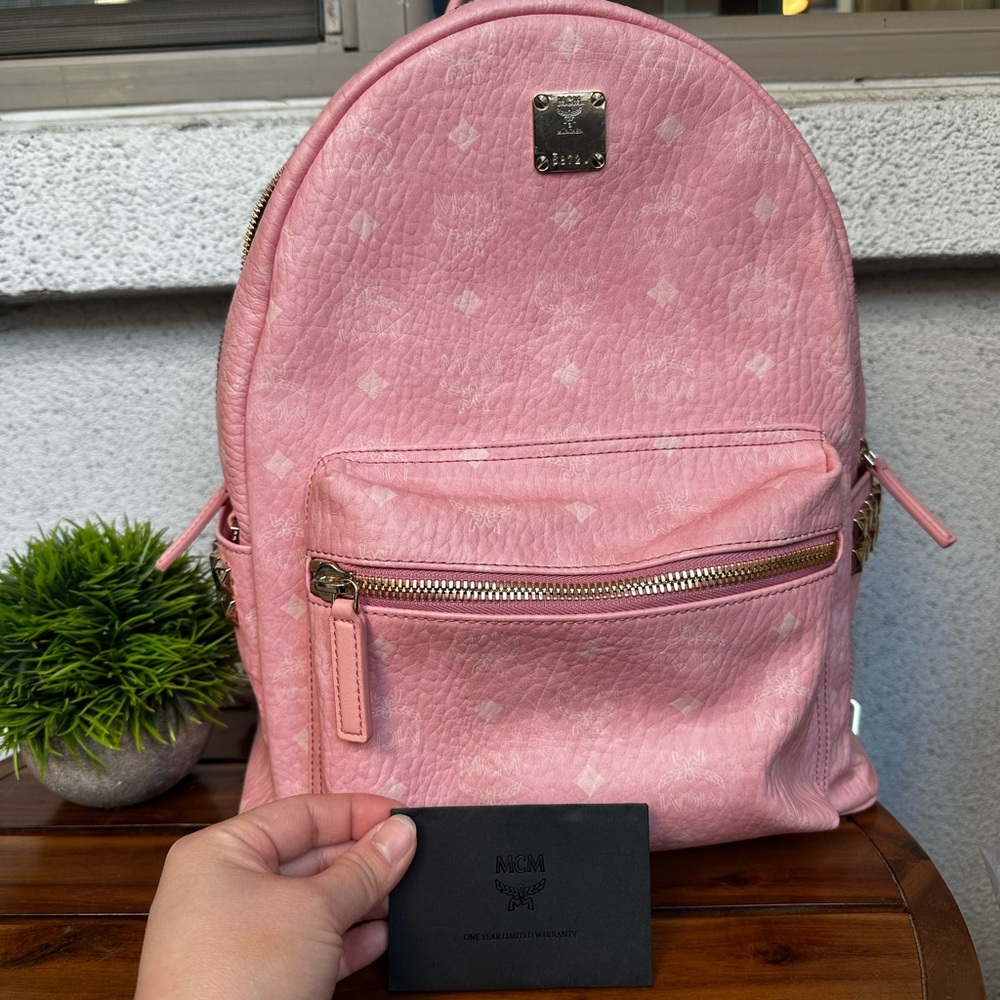 MCM Pink Monogram Backpack with Silver Hardware